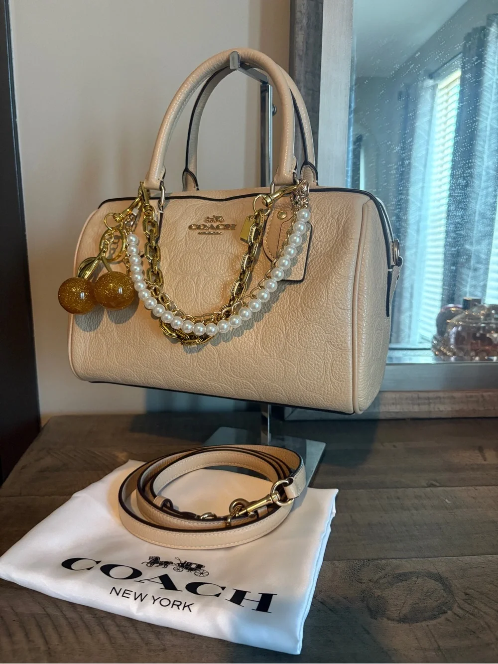 Coach Cream Pebbled Leather Satchel with Gold Chain & Pearl Accent